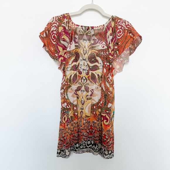 Y2K Unity Top‎ Mesh Paisley Print Crochet Brown Orange Size M Boho Forest Fairy - Picture 7 of 8